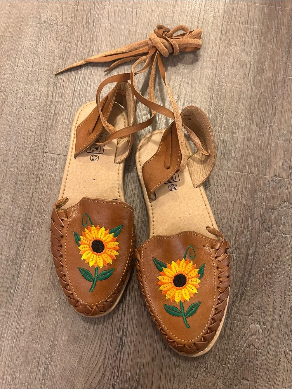 Nuez Mexican Huarache Sandals Womens Size 5 Brown Sunflower Lace-Up